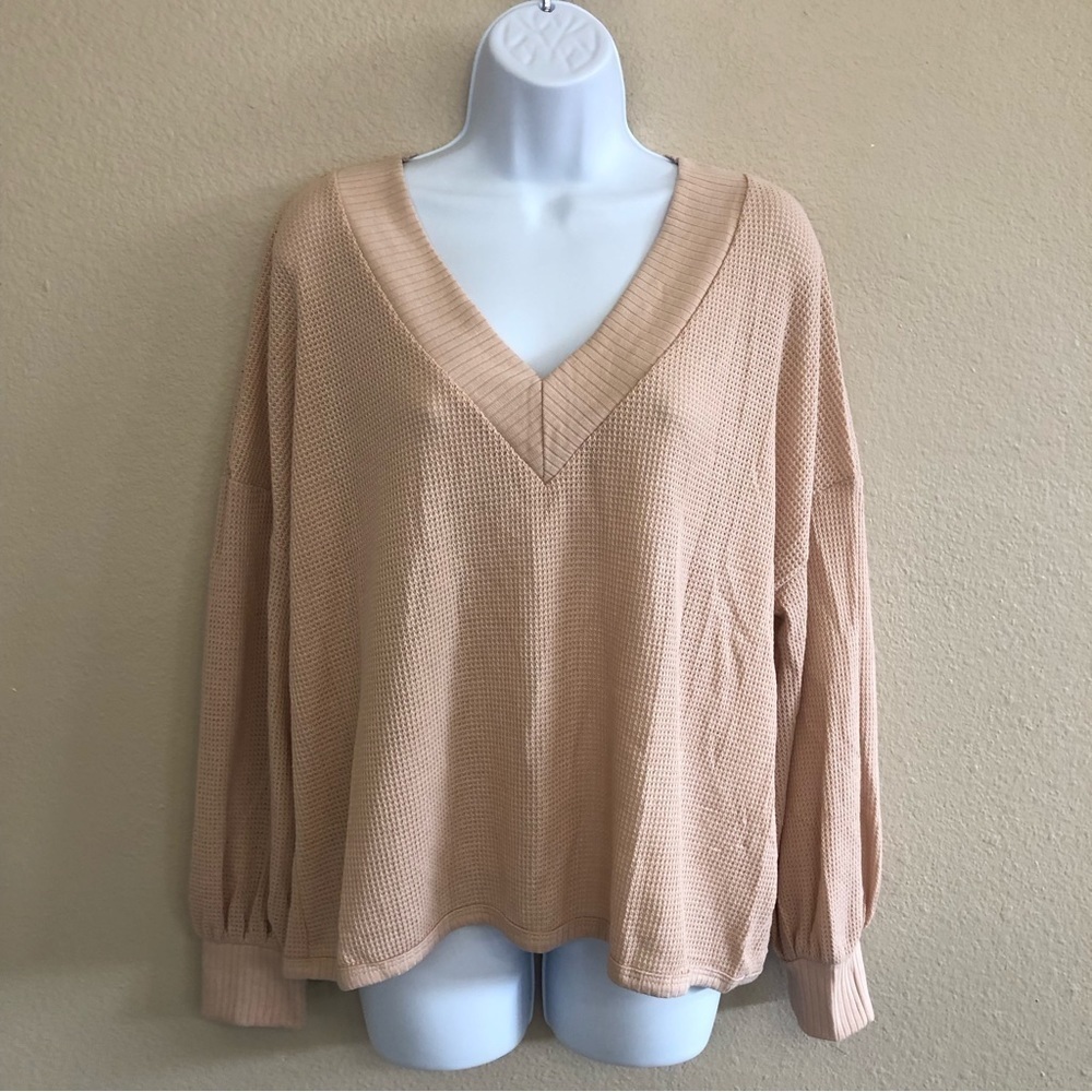 Lulu’s Personal Record Tan Knit Balloon Sleeve Sweater Top Size M